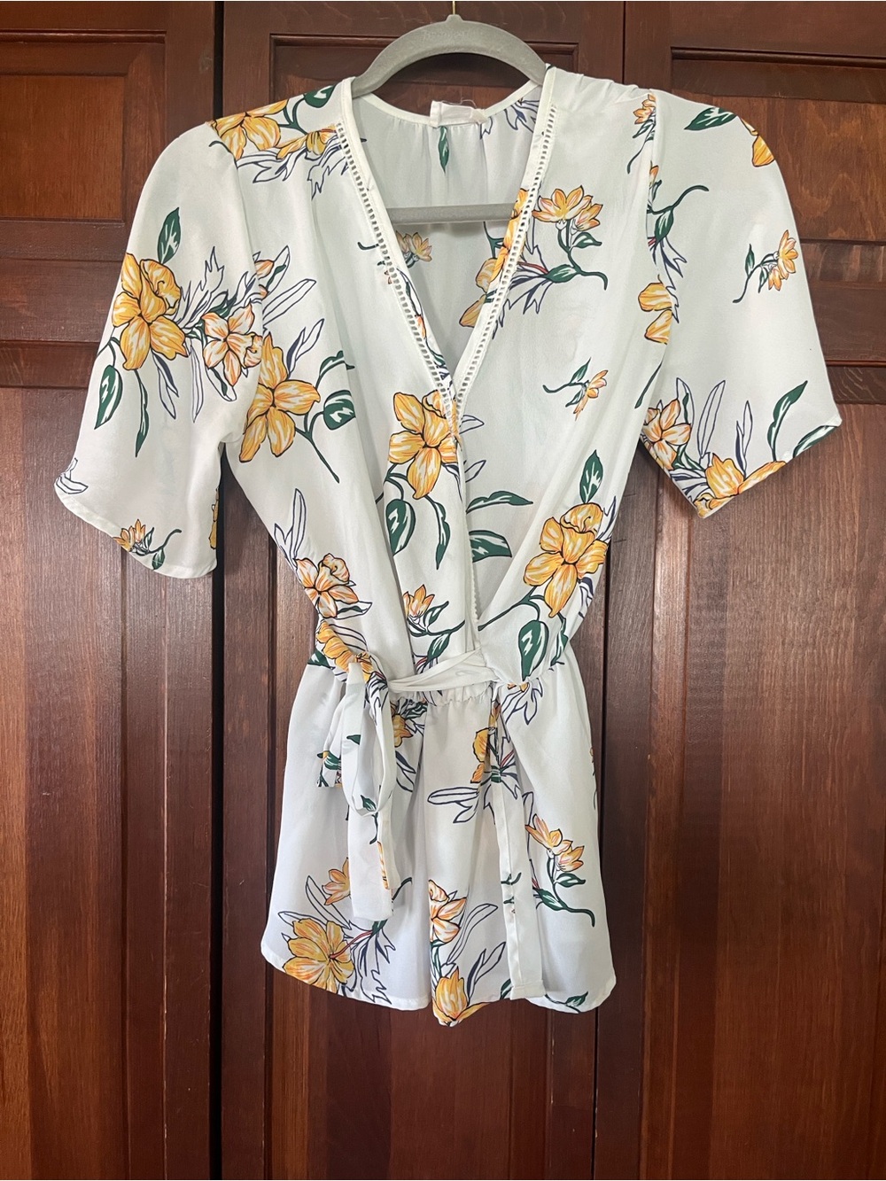 Sienna Sky White Floral V-Neck Tie-Waist Blouse